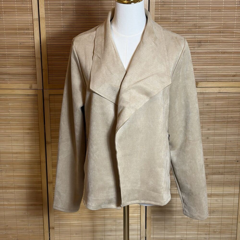 Women’s Beige Open Front Jacket XL Zipper Pockets Stretch Academia Western Rodeo